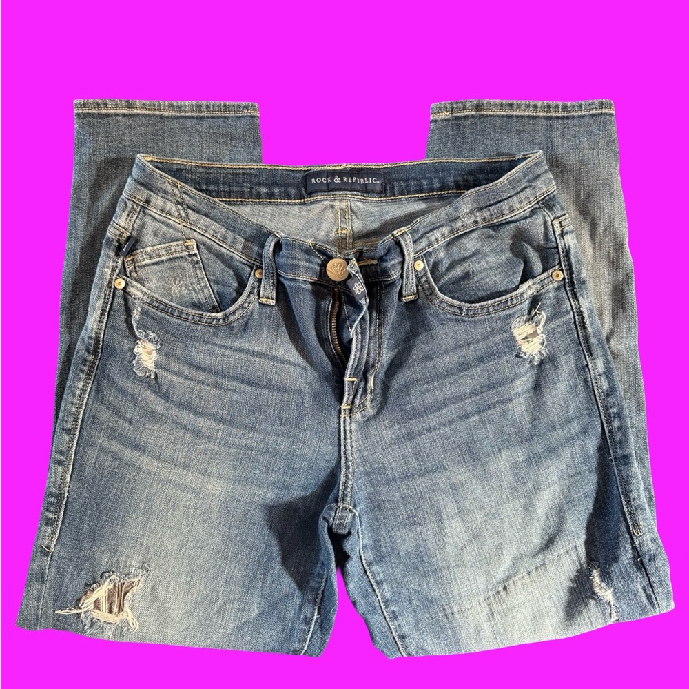 Rock & Republic Blue Boyfriend Jeans Distressed ankle one of a kind 8M
